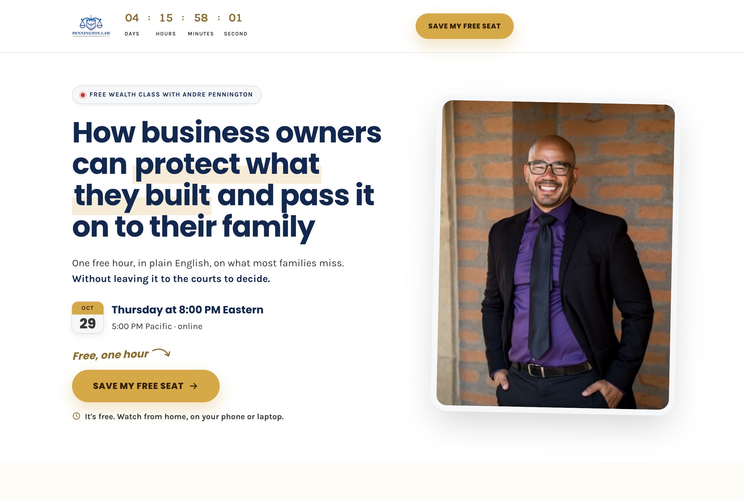 The Pennington Law registration page